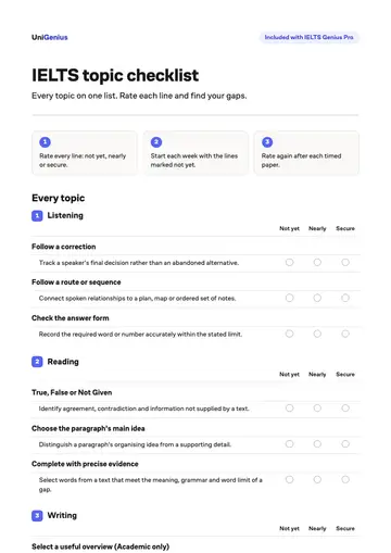 Page one of the IELTS topic checklist