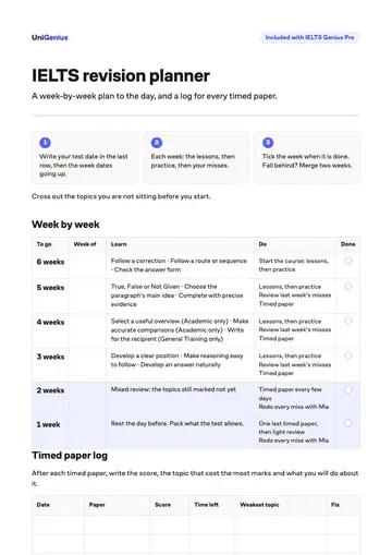 Page one of the IELTS revision planner